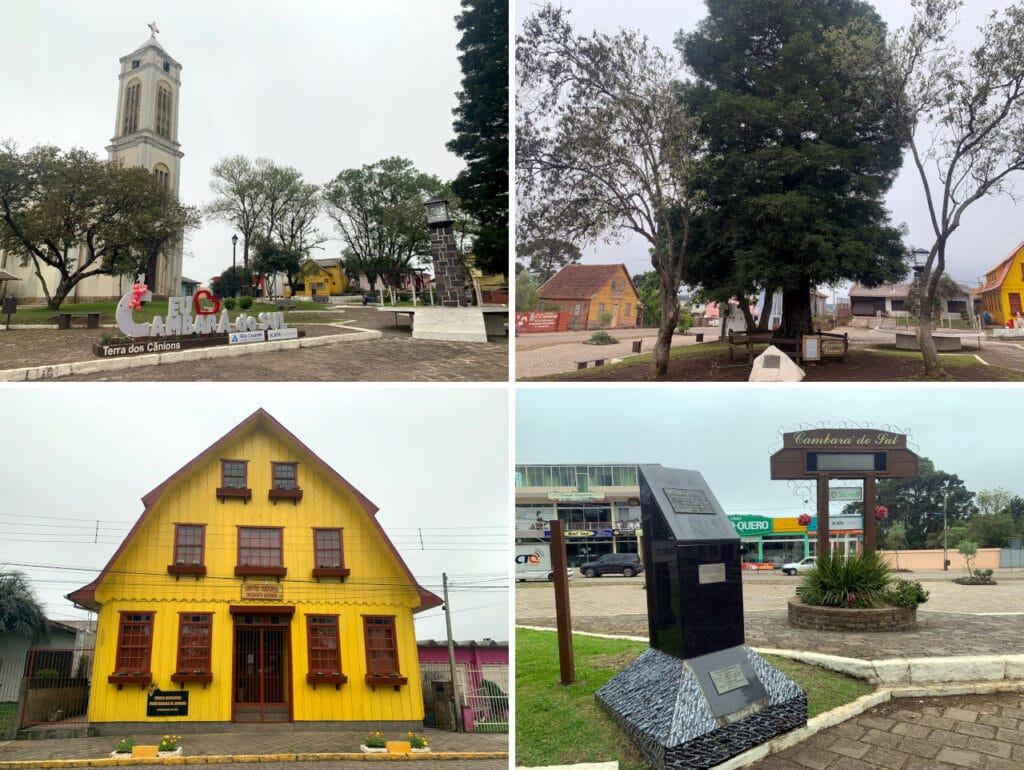 Praça Central: Igreja, casa amarela, letreiro e "Sequoia Lunar"